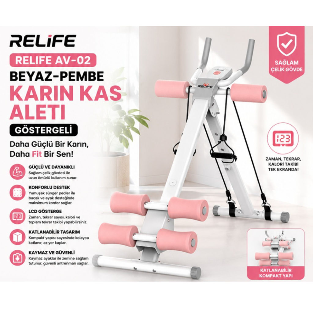 RELIFE Beyaz-Pembe Göstergeli Karın Kası Egzersiz Aleti