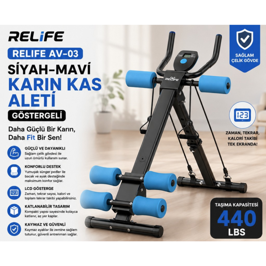 RELIFE Mavi-Siyah Göstergeli Karın Kası Egzersiz Aleti